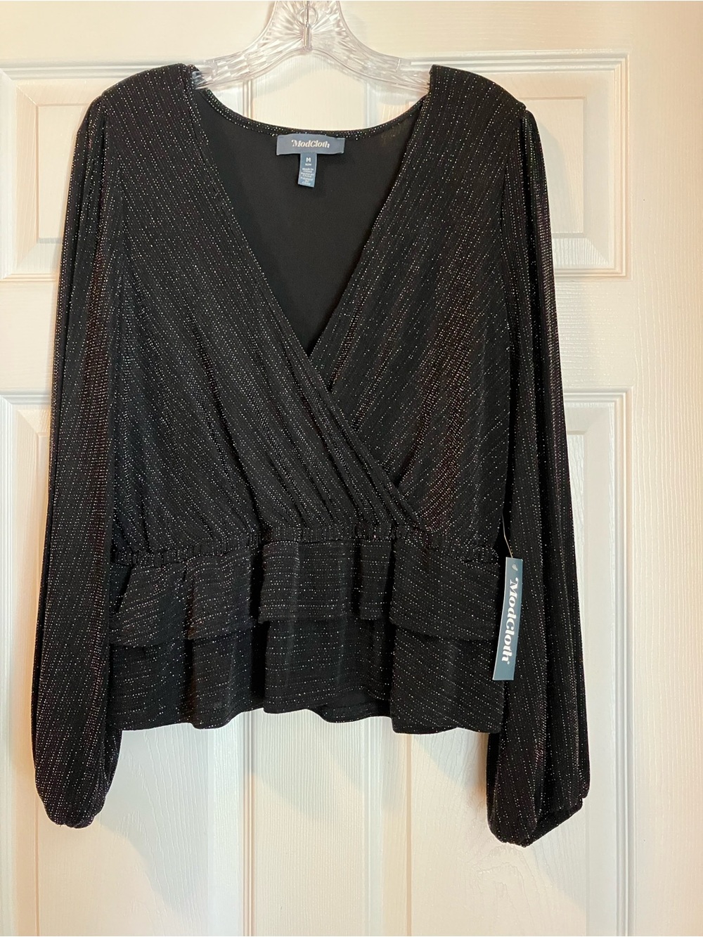 NWT ModCloth Black Metallic Thread Wrap Peplum Blouse